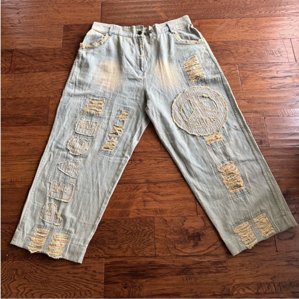 Light Blue Distressed Boyfriend Jeans with Peace Sign Detail